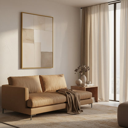 Modern living room with a beige sofa, abstract mirror, and decorative items.