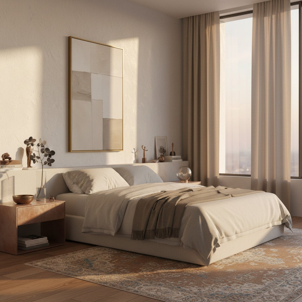 Modern bedroom with a bed, side tables, and large windows.