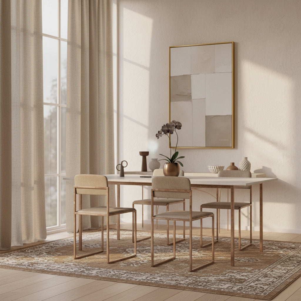 Dining room with a table and chairs, framed mirror on the wall, and decorative items.