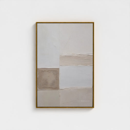 Abstract art piece with geometric shapes in neutral colors on a white wall.