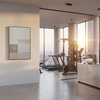 Modern home gym with exercise equipment and large windows overlooking a cityscape.