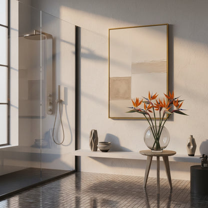 Modern bathroom interior with abstract art, plants, and a shower.