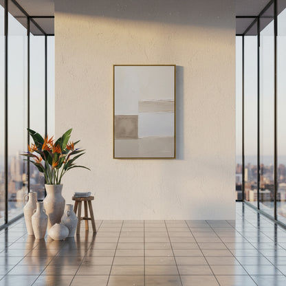 Modern interior with abstract painting, vases, and plants in a room with large windows.