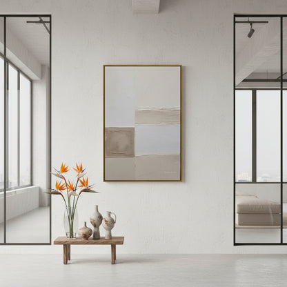 Modern interior with abstract art, table with vases, and flowers.