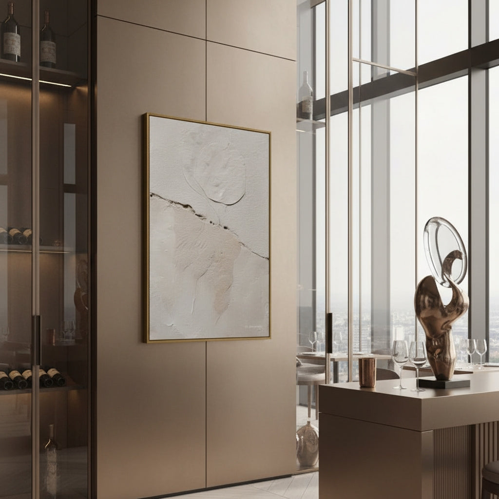 Modern interior with abstract art on a wall and a sculpture on a table.