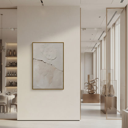 Modern interior with abstract art on a wall and decorative items.