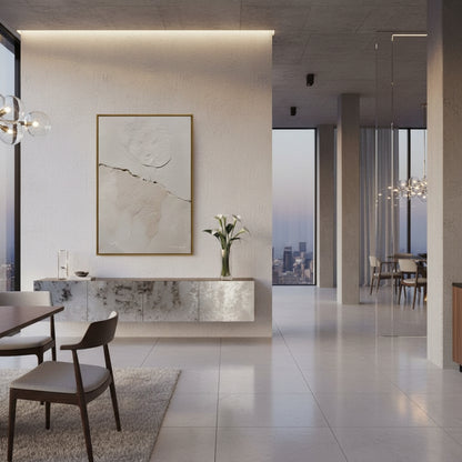 Modern interior with a dining area and cityscape view