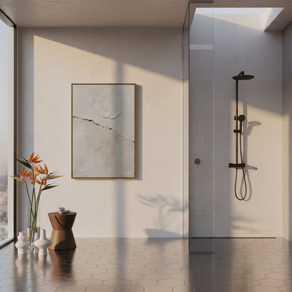Modern bathroom interior with a shower setup and decorative elements.