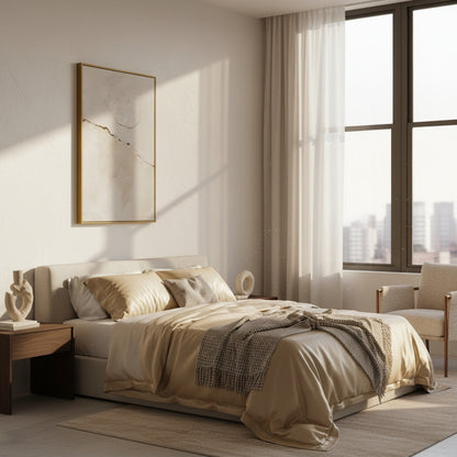 Modern bedroom with beige bedding, a large window, and decorative elements.