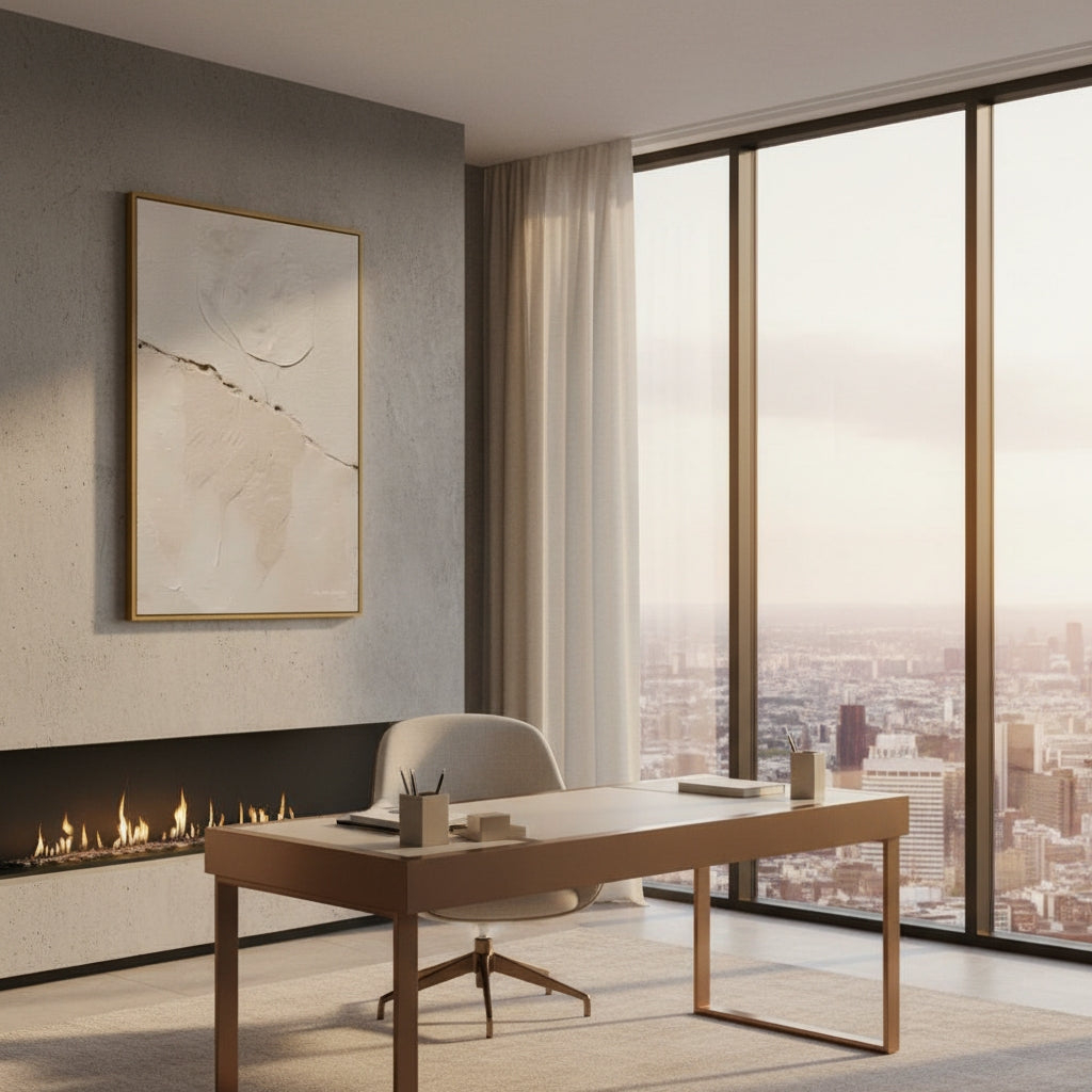 Modern office with a desk, chair, and large window view of a cityscape.