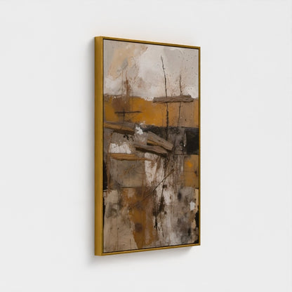 Abstract painting with earthy tones in a gold frame on a white background