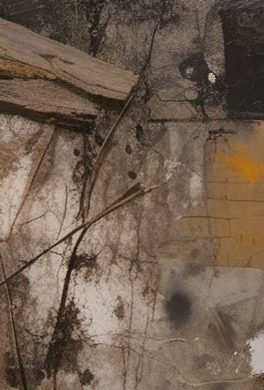 Abstract art with brown, black, and yellow colors on a textured surface