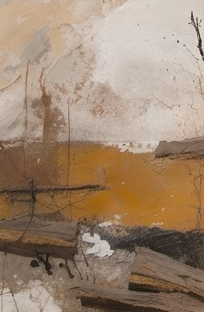 Abstract art with a mix of brown, white, and orange colors on a textured surface.