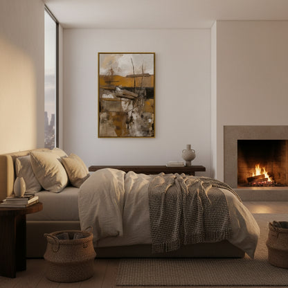 Cozy bedroom with a fireplace, bed, and abstract painting.