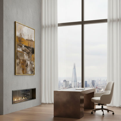 Modern office space with a desk, chair, and abstract painting.