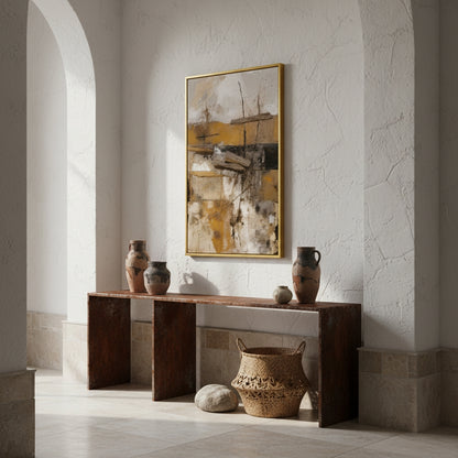 Decorative interior with abstract painting, wooden console table, and various vases.