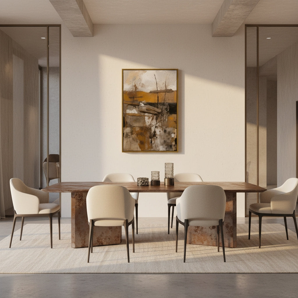 Dining room with a wooden table and chairs, abstract painting on the wall.