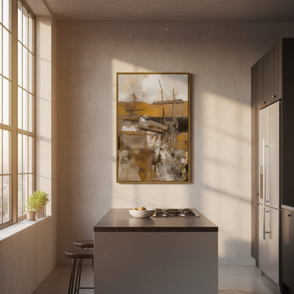 Modern kitchen with abstract art on the wall, island, and appliances.