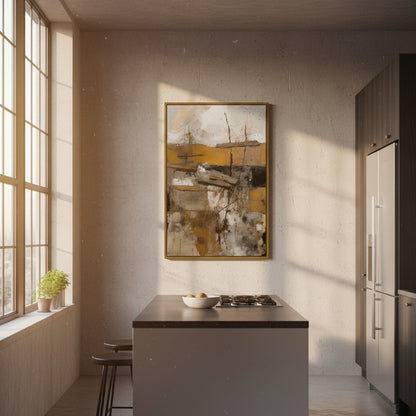 Modern kitchen with abstract art on the wall, island, and appliances.