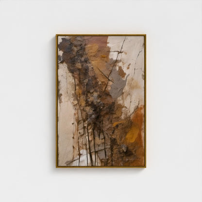 Abstract painting with earthy tones in a gold frame on a white background