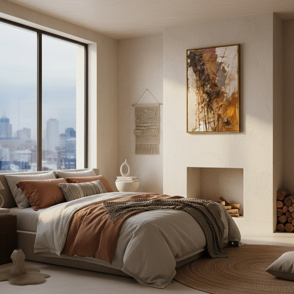 Modern bedroom with large windows, a bed with pillows and blankets, and abstract art on the wall.