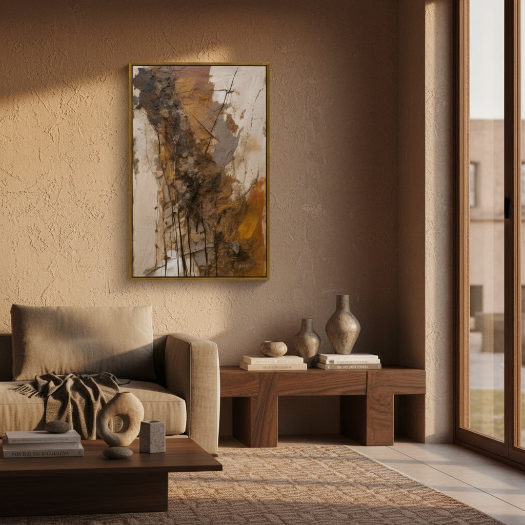 Modern living room with abstract art, furniture, and decor.