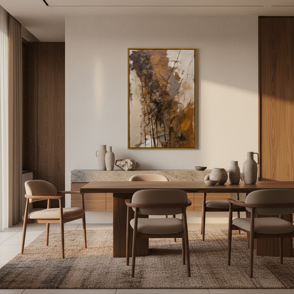 Modern dining room with wooden table and chairs, abstract painting on the wall.