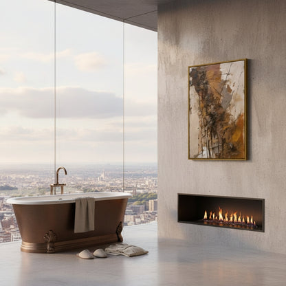 Modern bathroom with freestanding bathtub, abstract painting, and wall-mounted fireplace with cityscape view.