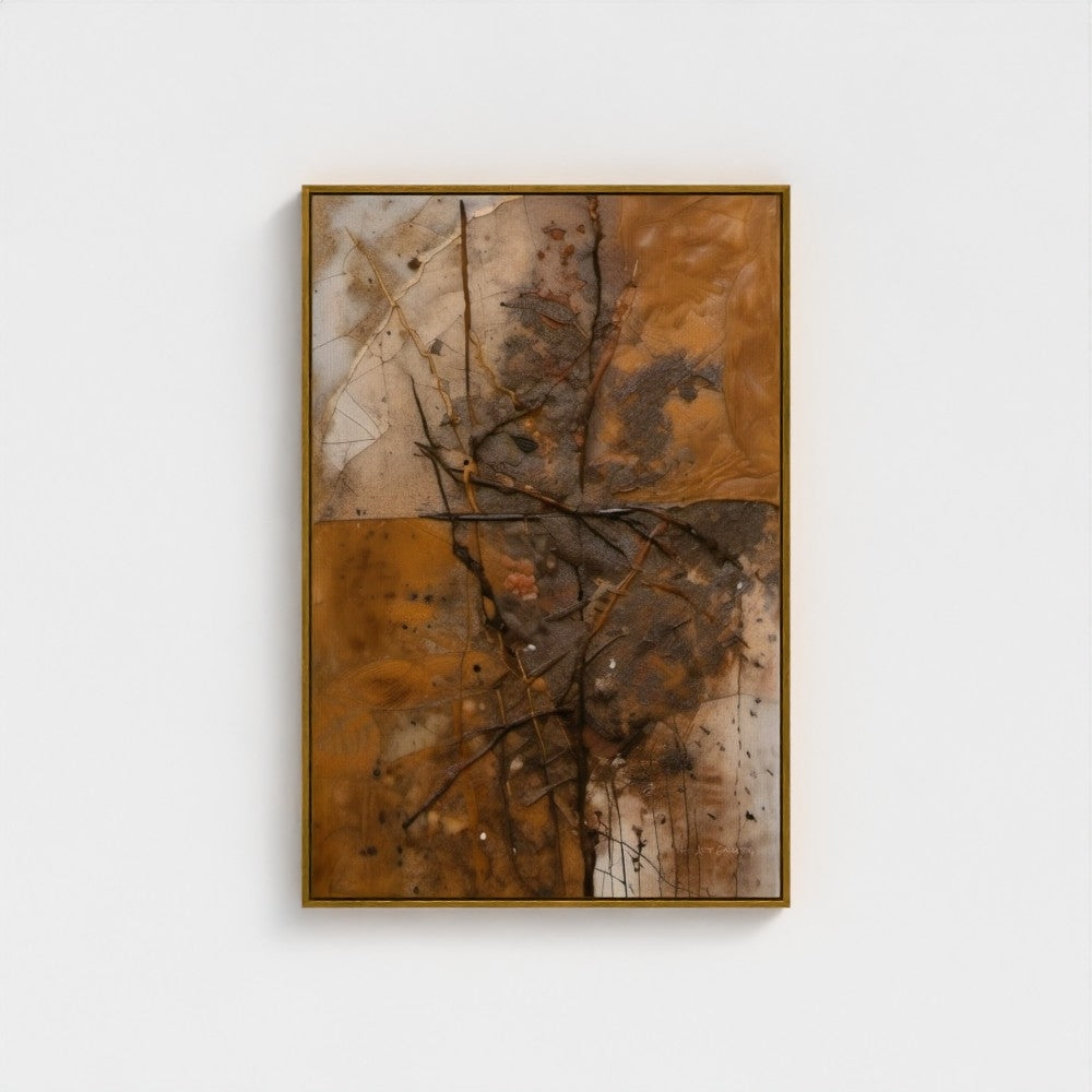 Abstract art piece with brown and beige tones on a white background