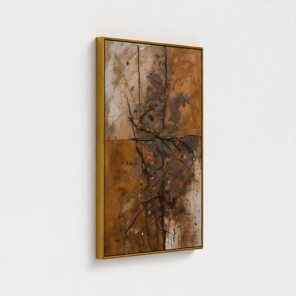 Abstract art piece with earthy tones and a gold frame on a white background