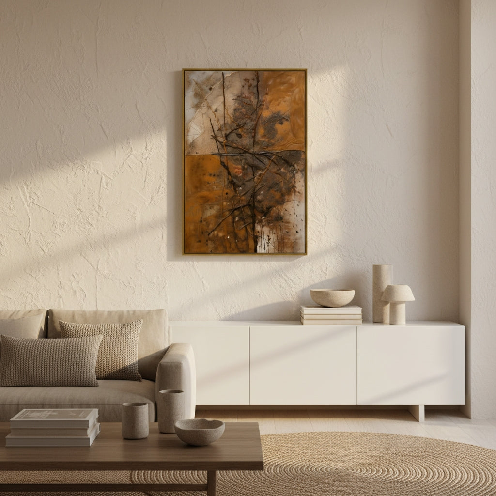 Modern living room with a beige sofa, coffee table, and abstract painting on a white wall.
