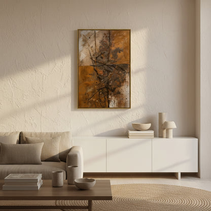 Modern living room with a beige sofa, coffee table, and abstract painting on a white wall.