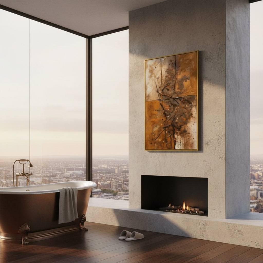 Modern bathroom with freestanding bathtub, fireplace, and cityscape view