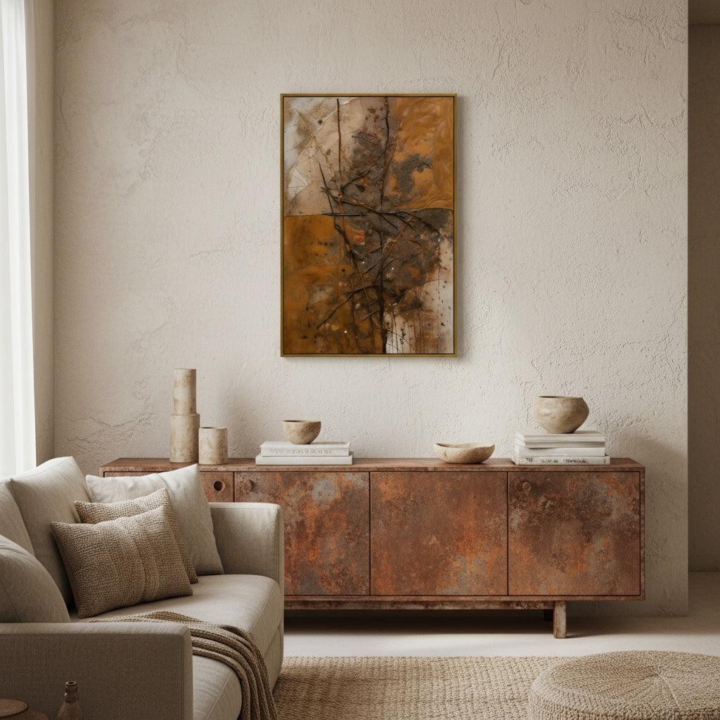 Living room with a textured wall, abstract art, and rustic wooden sideboard.