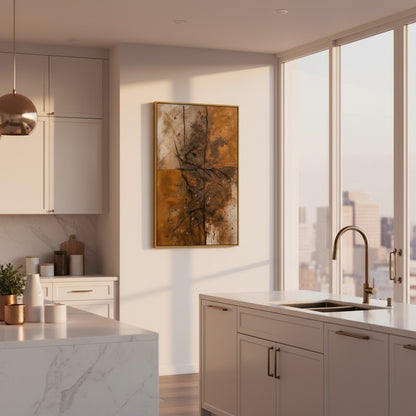 Modern kitchen with marble island, stainless steel sink, and large window