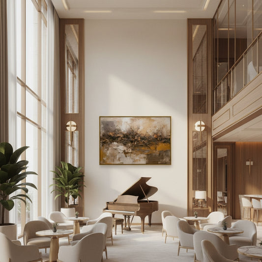 Modern interior with a grand piano, tables, chairs, and a large abstract painting on the wall.