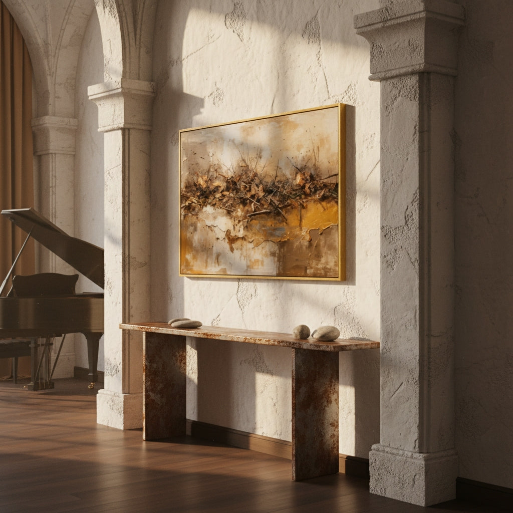 Decorative console table in a room with a grand piano and abstract painting on the wall.