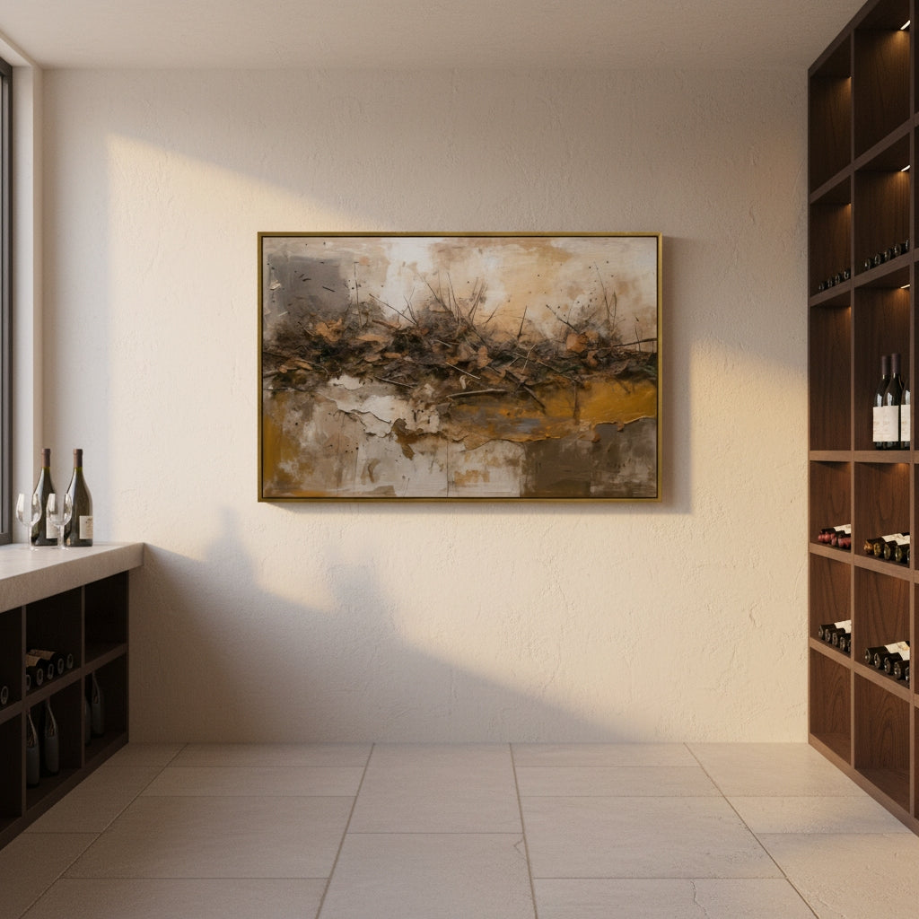 Wine cellar with abstract painting on the wall and wine bottles on shelves.