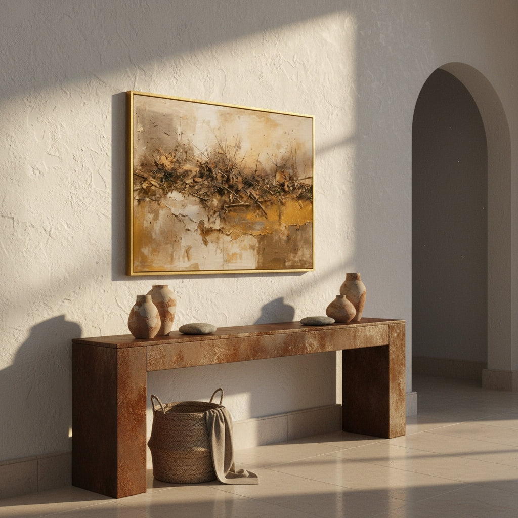 Abstract painting on a wall above a wooden console table with decorative items.