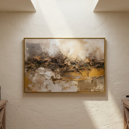 Abstract painting with gold frame on a textured wall