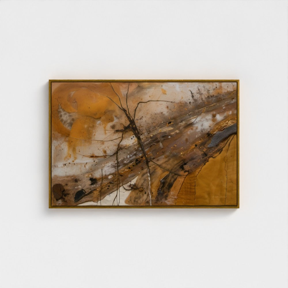 Abstract art piece with earthy tones in a gold frame on a white wall