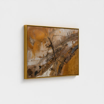 Abstract painting with gold frame on a white wall