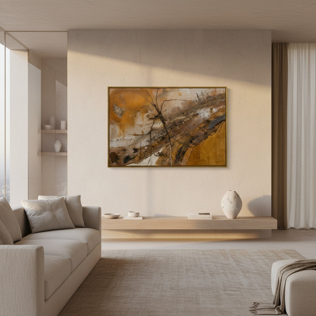 Modern living room with a neutral color palette, featuring a sofa, coffee table, and abstract painting.
