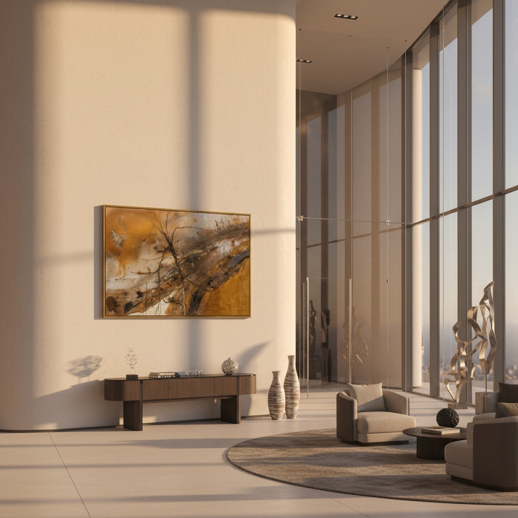 Modern living room with large windows, abstract painting, and decorative items.