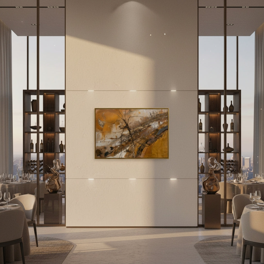 Modern interior design with abstract painting on a wall, shelves, and tables.