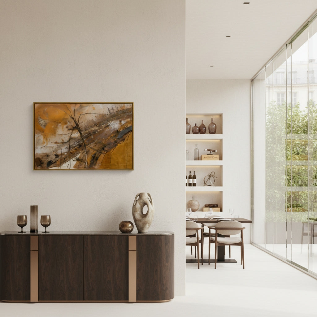 Modern interior with a wooden console table, abstract painting, and a view of a dining area.