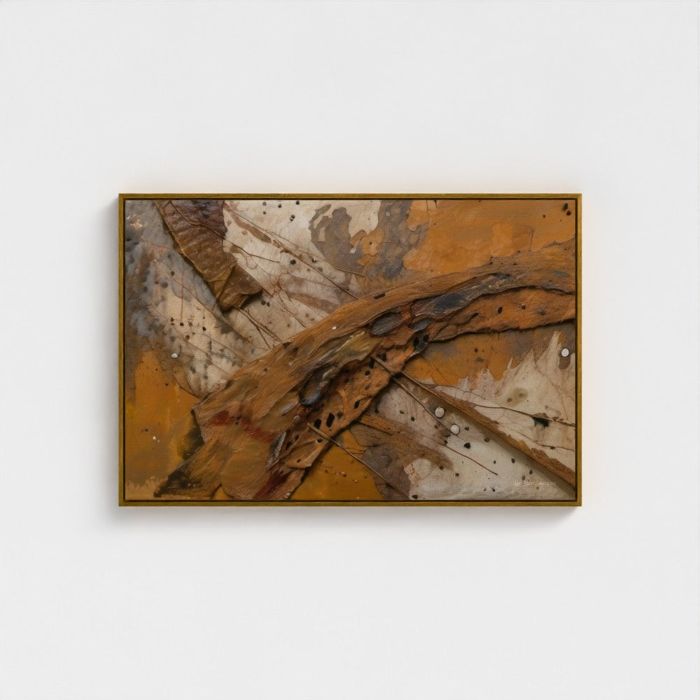 Abstract art piece with earthy tones on a white wall