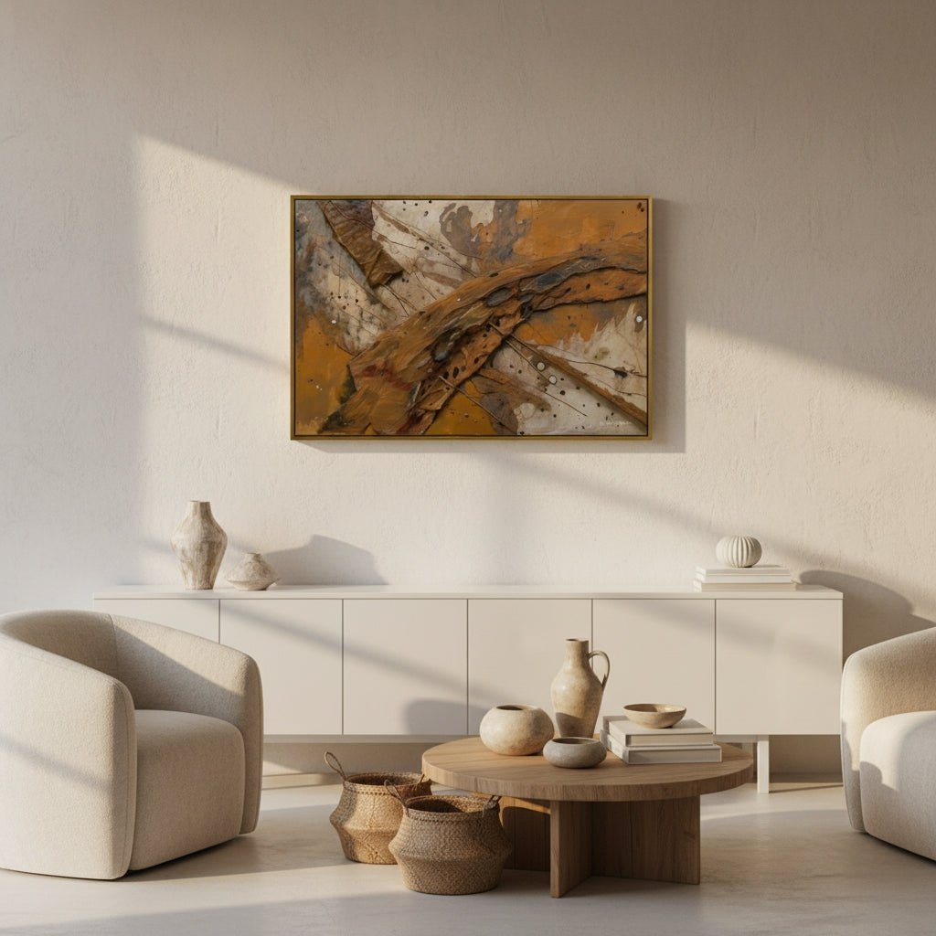 Modern living room with abstract painting, furniture, and decor.