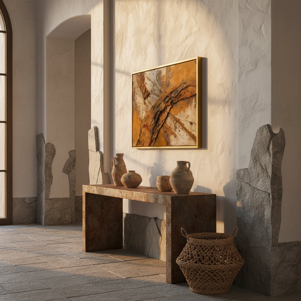 Decorative room with stone sculptures, a table with vases, and a textured wall with abstract art.