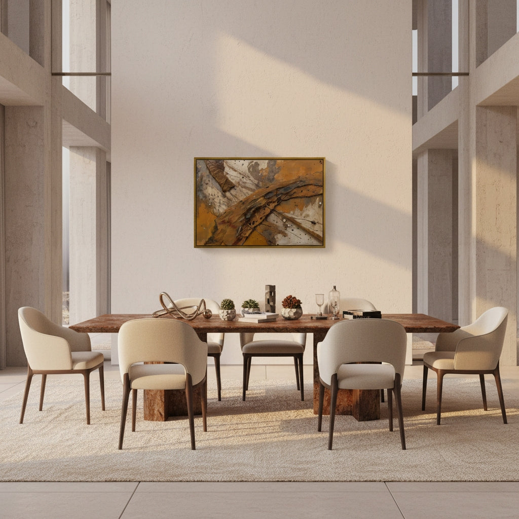 Dining room with wooden table and chairs, abstract painting on wall